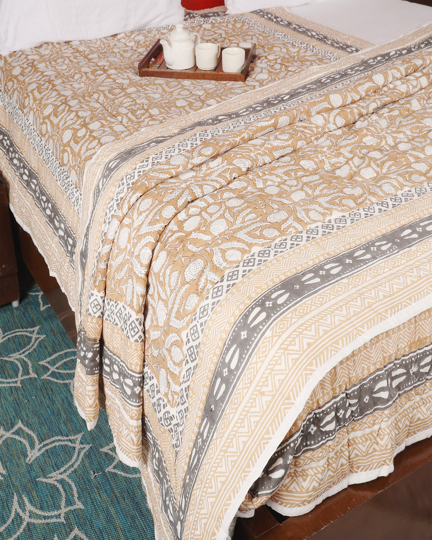 Light Brown Hand Block Printed Reversible Single Quilt Set | Set of 2 PCS